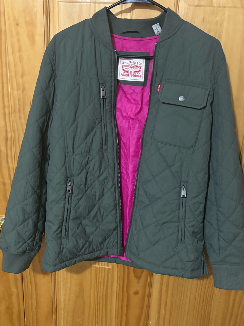 Levi's Olive Green Quilted Bomber Jacket with Pink Lining